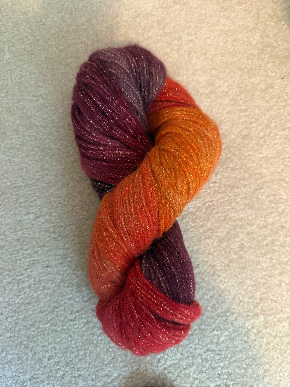 Yarn, Hand-Dyed Sparkle Yarn Skein in Orange, brick red and deep orange